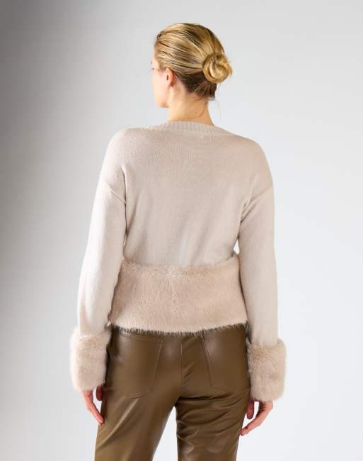 Glamorous Faux fur trim button front cardigan in bone, 3 of 4