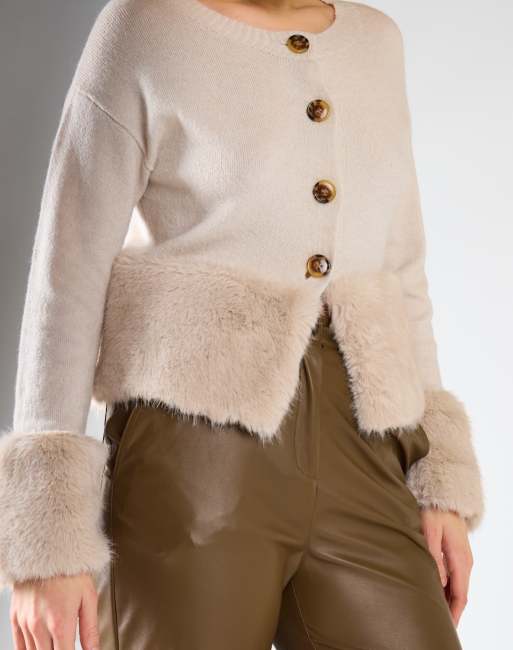 Glamorous Faux fur trim button front cardigan in bone, 4 of 4