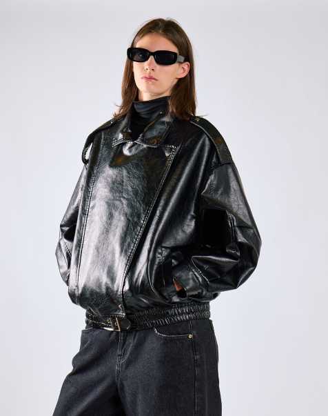 Glamorous Faux leather asymmetric zip biker jacke in black - view 1