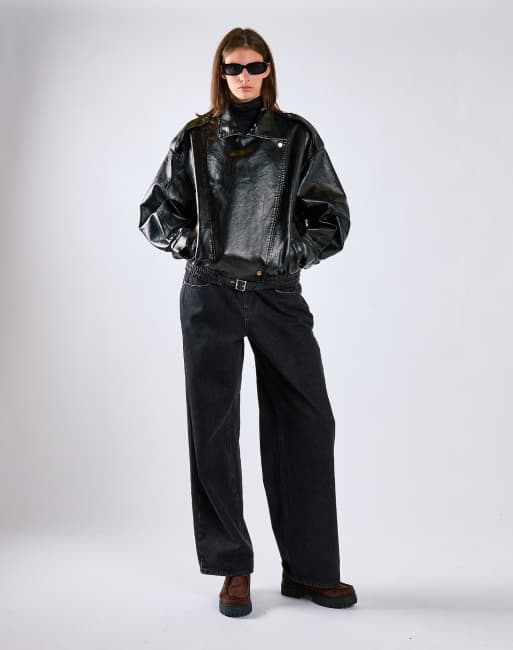 Glamorous Faux leather asymmetric zip biker jacke in black, 2 of 4
