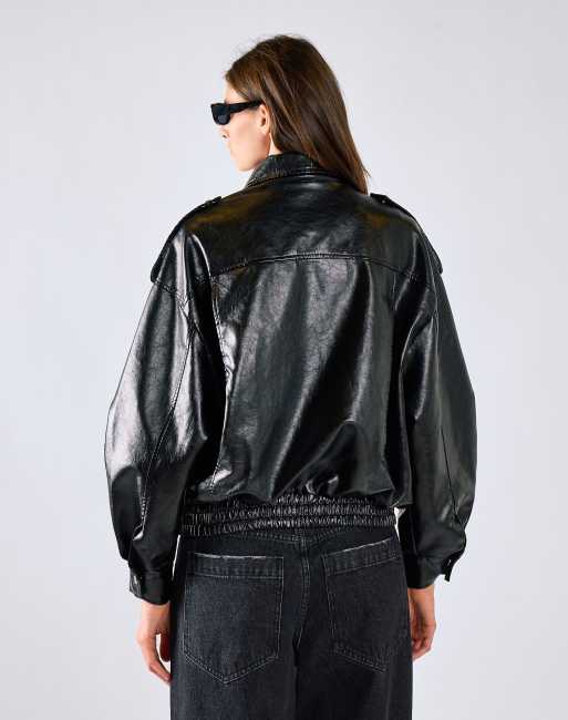 Glamorous Faux leather asymmetric zip biker jacke in black, 4 of 4