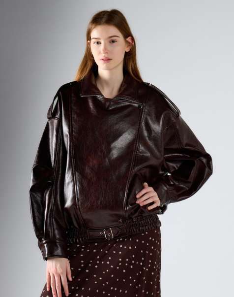 Glamorous Faux leather asymmetric zip biker jacke in deep mahogany - view 1