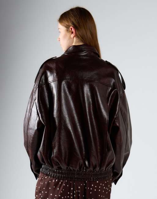 Glamorous Faux leather asymmetric zip biker jacke in deep mahogany, 3 of 4