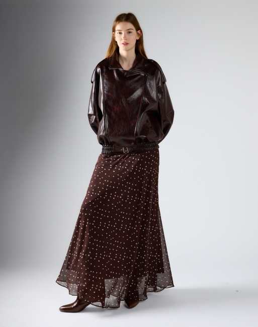 Glamorous Faux leather asymmetric zip biker jacke in deep mahogany, 4 of 4