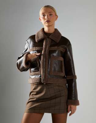 Glamorous Faux Leather Aviator Jacket In Brown