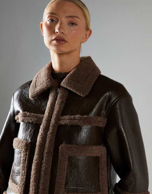 Glamorous Faux leather aviator jacket in dark brown, 2 of 4