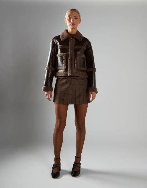 Glamorous Faux leather aviator jacket in dark brown, 3 of 4