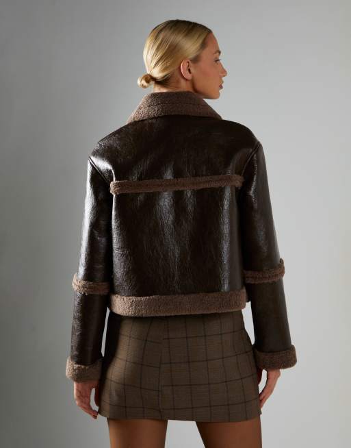 Glamorous Faux leather aviator jacket in dark brown, 4 of 4