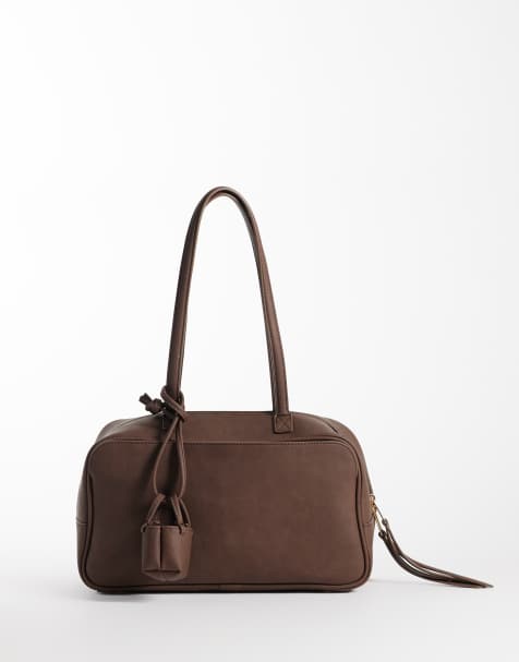 Glamorous faux leather box bag with bag charm in dark brown - view 1