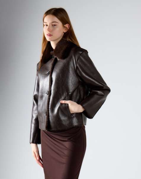 Glamorous Faux leather button front jacket in deep brown - view 1
