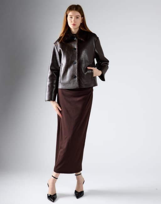 Glamorous Faux leather button front jacket in deep brown, 2 of 4