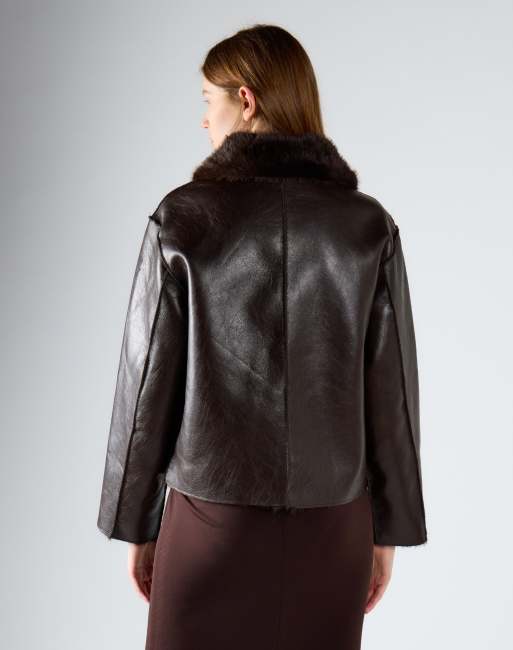 Glamorous Faux leather button front jacket in deep brown, 3 of 4