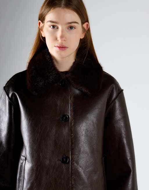 Glamorous Faux leather button front jacket in deep brown, 4 of 4