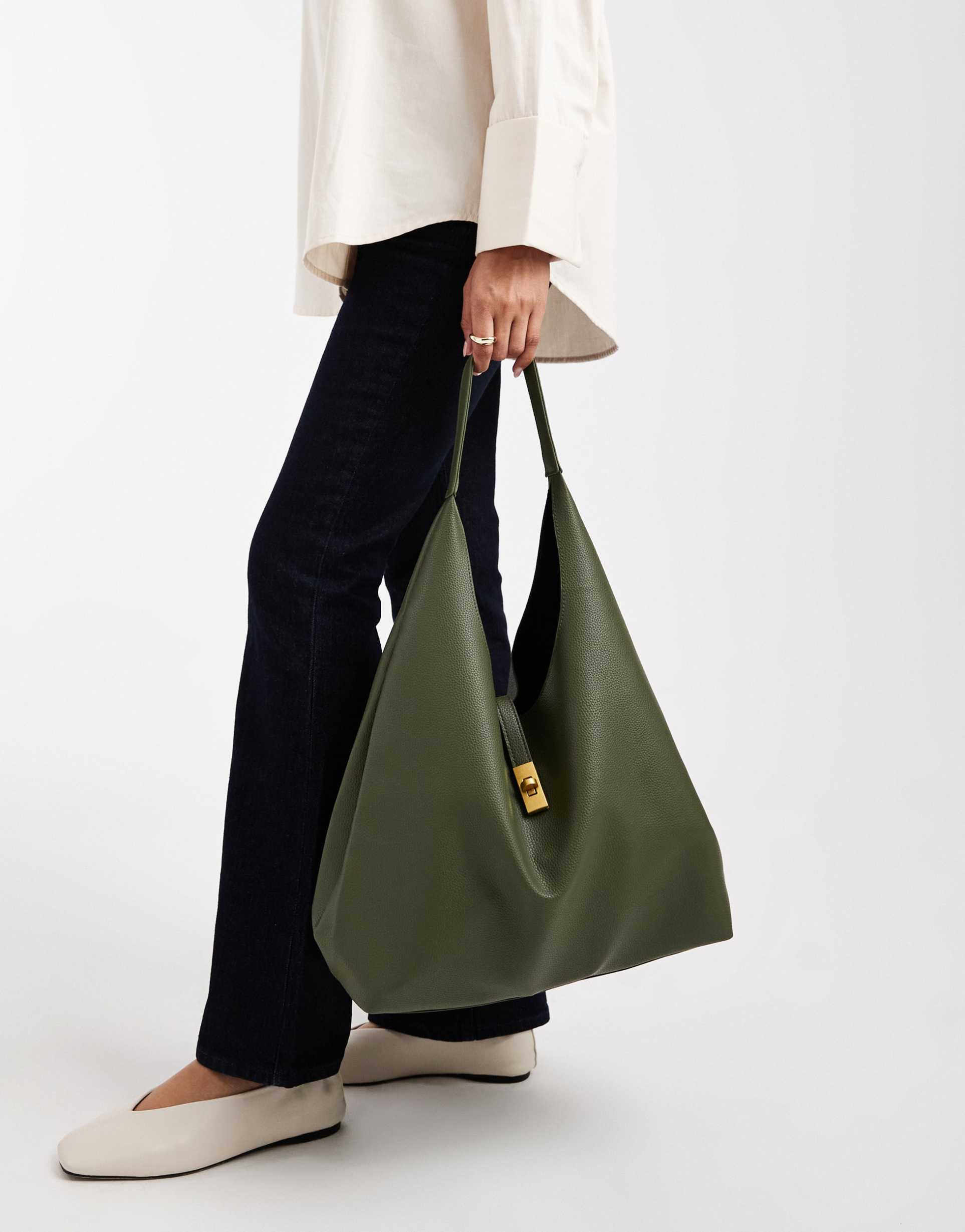 glamorous faux leather large tote bag in khaki green