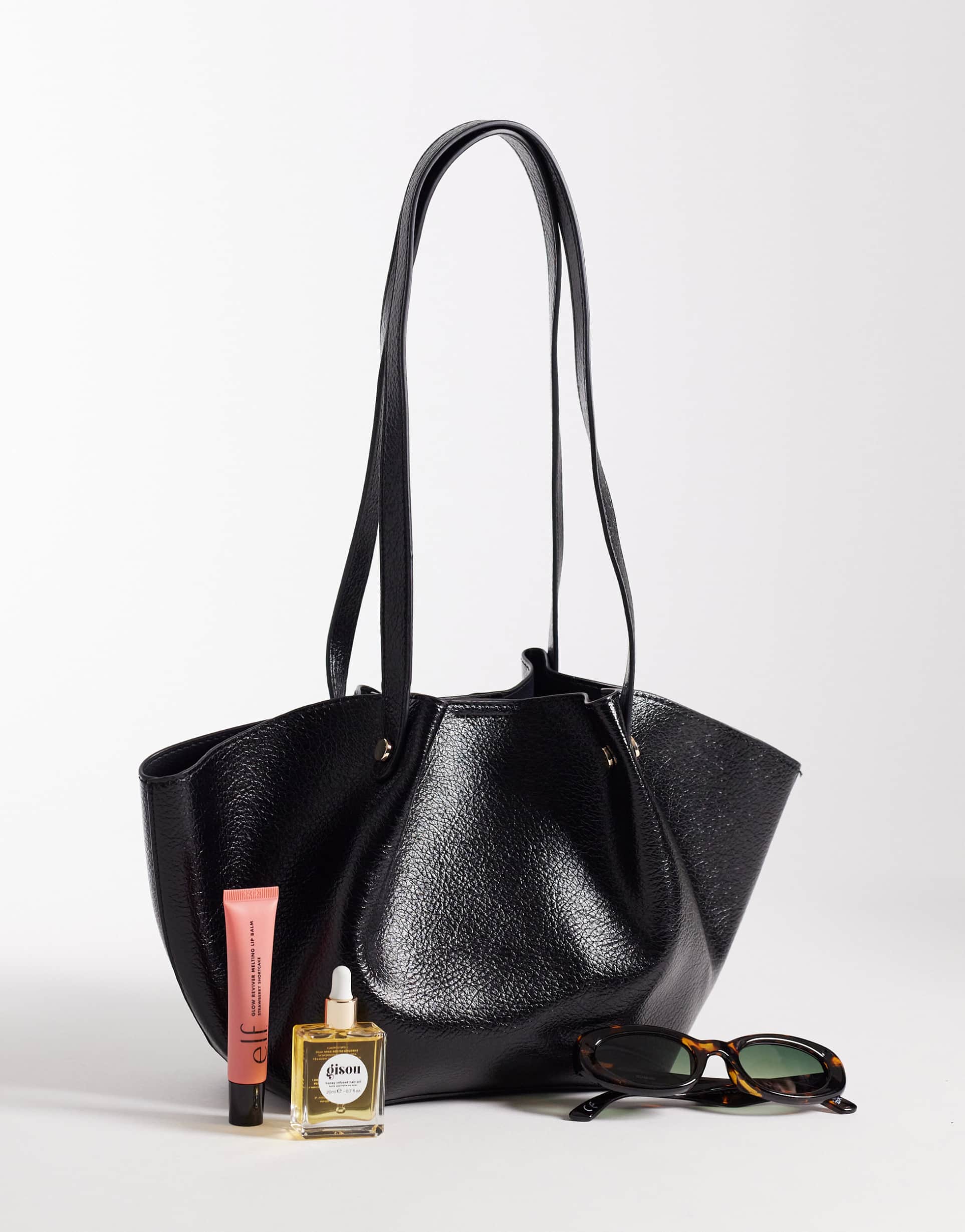 glamorous faux leather structured tote in black