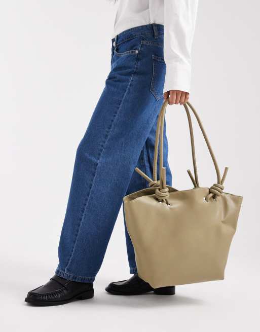 Glamorous faux leather tote bag with knot detail in olive green, 2 of 4