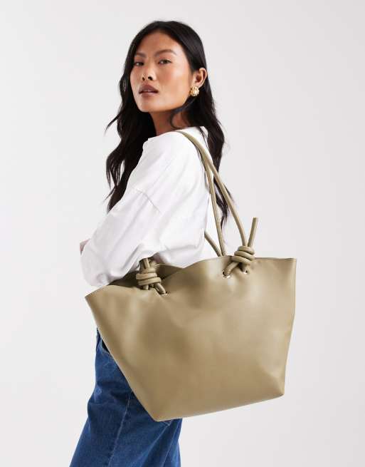 Glamorous faux leather tote bag with knot detail in olive green, 4 of 4