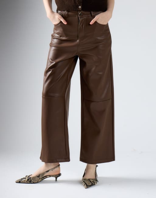 Glamorous Faux leather wide leg pants in brown pu, 3 of 4