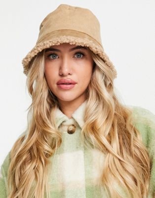 Glamorous faux suede bucket hat with borg trim in camel