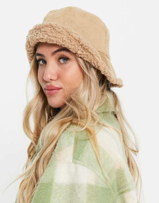 Glamorous faux suede bucket hat with sherpa trim in camel | ASOS