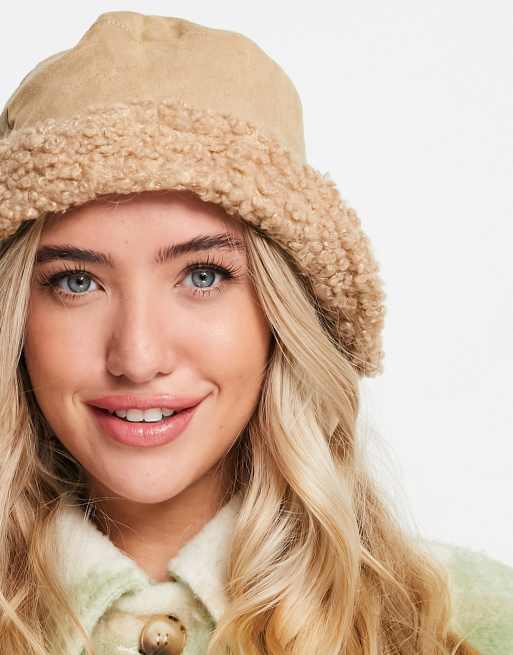 Glamorous faux suede bucket hat with sherpa trim in camel