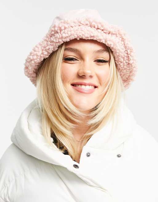 Glamorous faux suede bucket hat with sherpa trim in pink | ASOS display picture 2