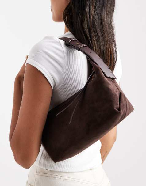 Glamorous faux suede buckle detail shoulder bag in deep brown - view 1