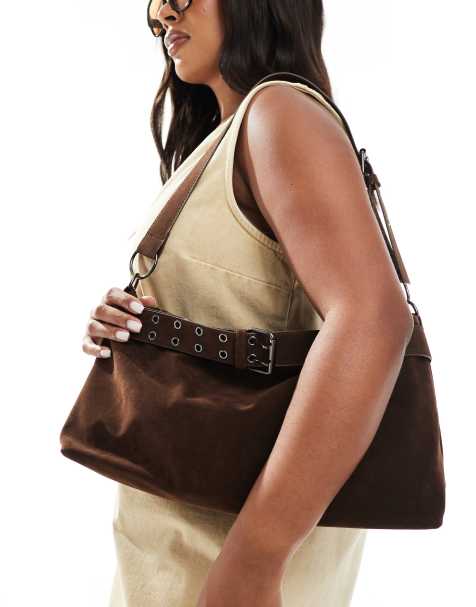 Glamorous faux suede buckles shoulder bag in brown - view 1