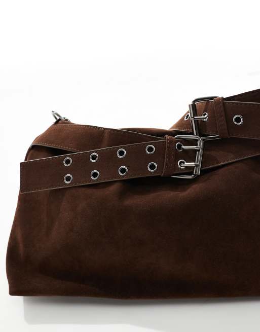 Glamorous faux suede buckles shoulder bag in brown | ASOS