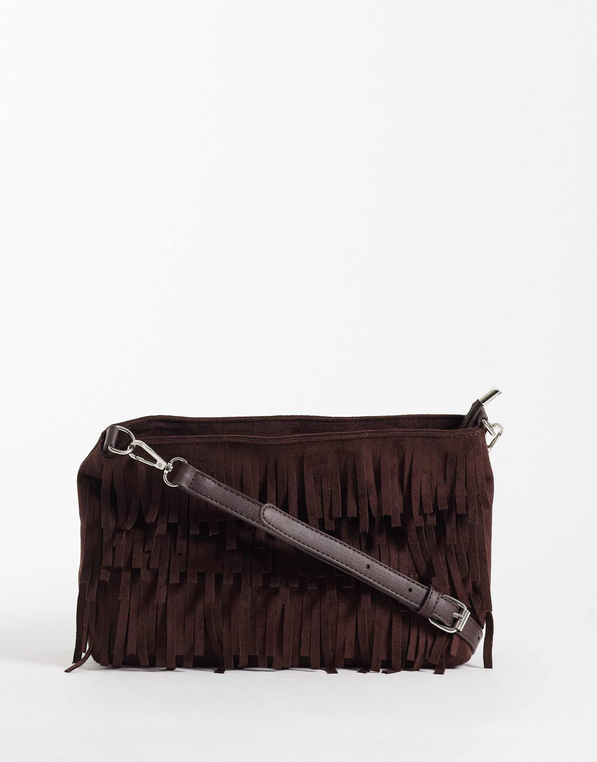 glamorous faux suede fringe shoulder bag in dark brown