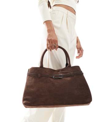faux suede handheld tote bag with buckle detail in dark brown