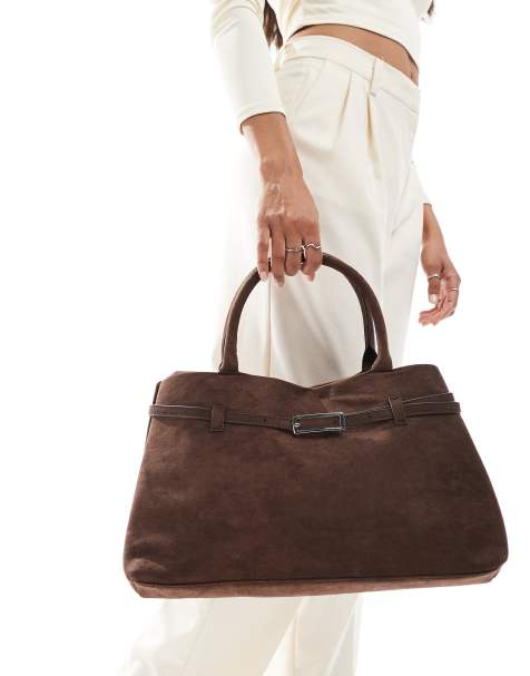 Glamorous faux suede handheld tote bag with buckle detail in dark brown - view 1