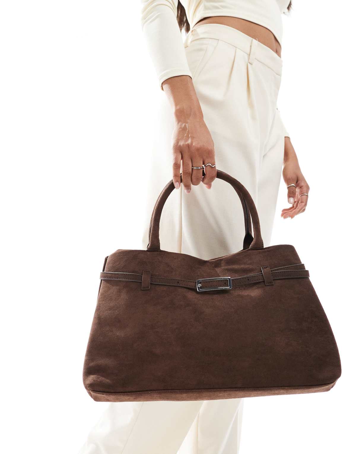Glamorous faux suede handheld tote bag with buckle detail in dark brown