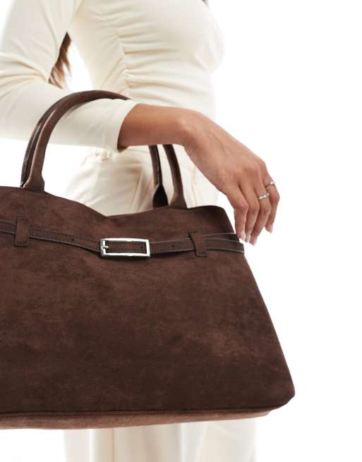 Glamorous faux suede handheld tote bag with buckle detail in dark brown
