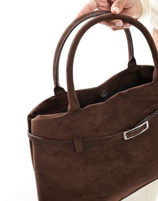 Glamorous faux suede handheld tote bag with buckle detail in dark brown