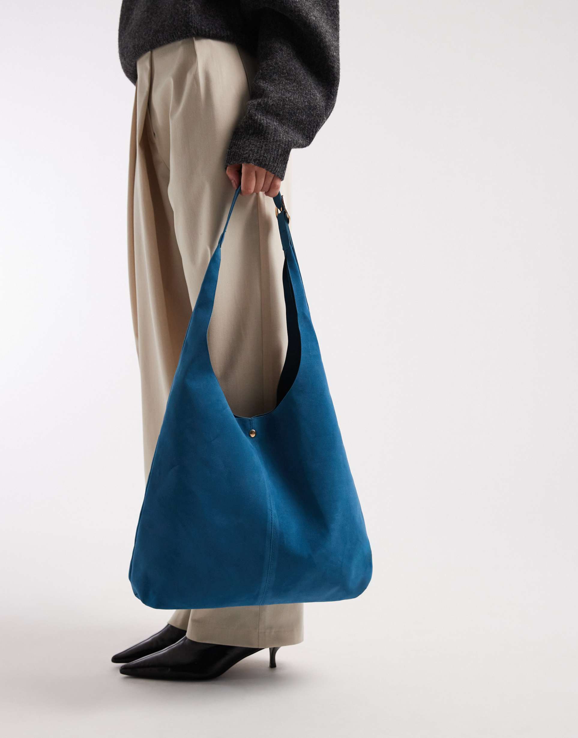 glamorous faux suede large shoulder bag with metal buckle detail in teal