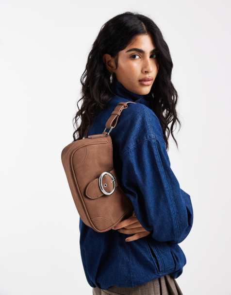 Glamorous faux suede mini shoulder bag with metal buckle detail in brown - view 1