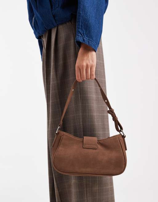 Glamorous faux suede mini shoulder bag with metal buckle detail in brown, 2 of 4