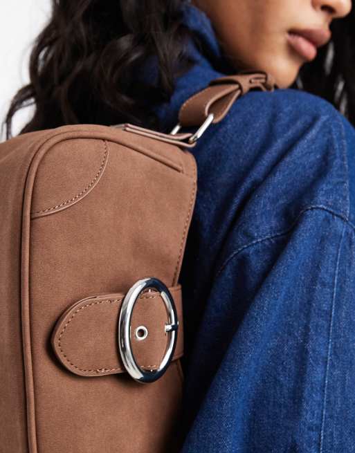Glamorous faux suede mini shoulder bag with metal buckle detailing in brown, 3 of 4