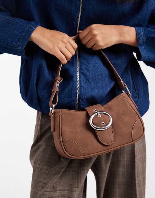 Glamorous faux suede mini shoulder bag with metal buckle detailing in brown, 4 of 4