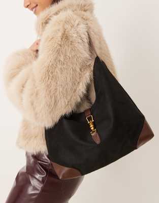 faux suede paneled shoulder tote bag in black and tan