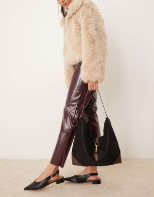 Glamorous faux suede paneled shoulder tote bag in black and tan 