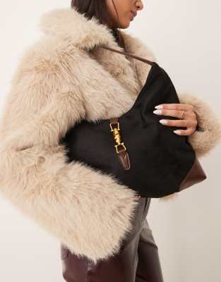 Glamorous faux suede paneled shoulder tote bag in black and tan 