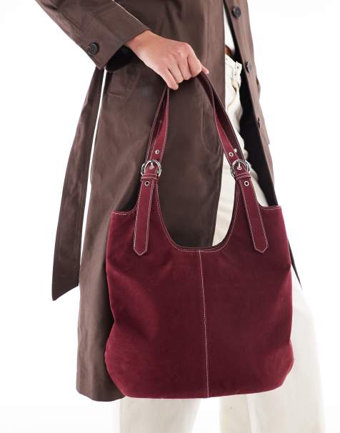 Glamorous faux suede shoulder tote bag in burgundy - view 1