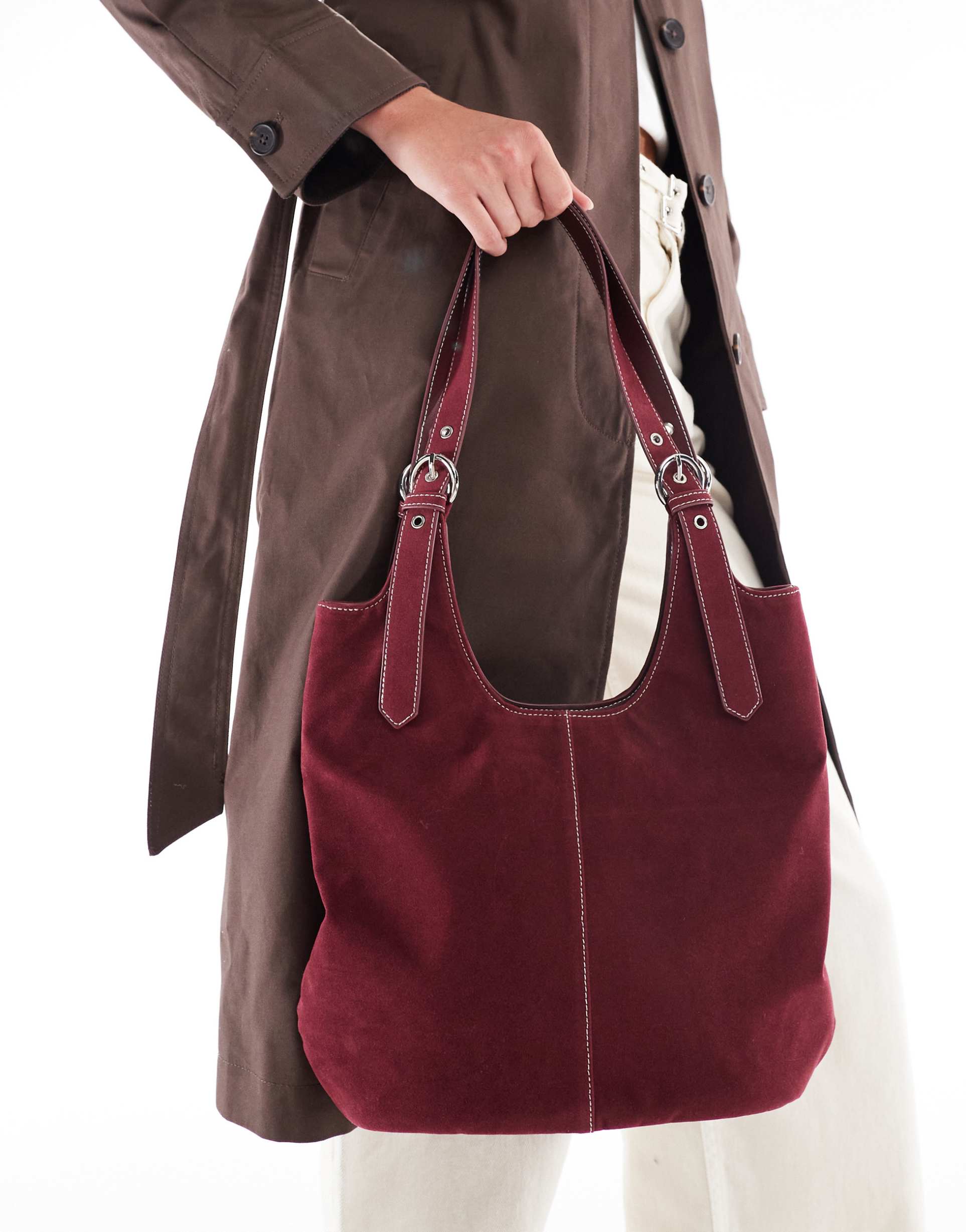 glamorous faux suede shoulder tote bag in burgundy