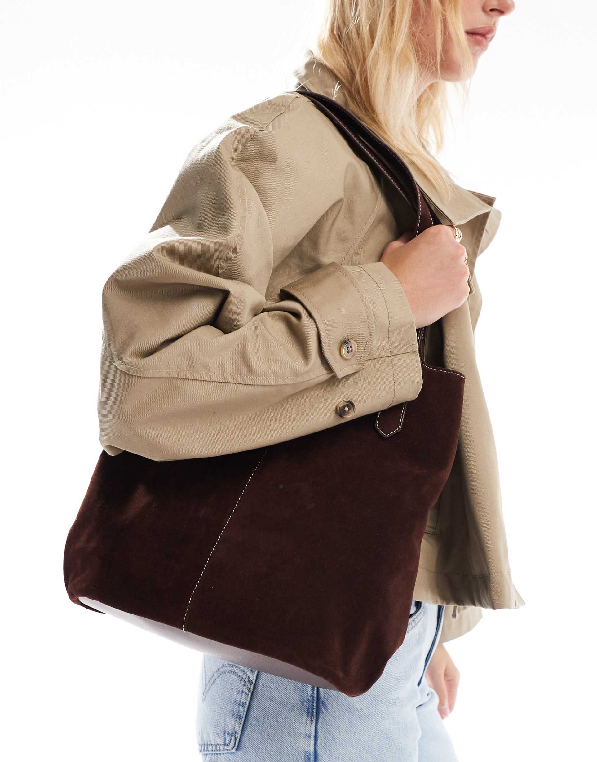 glamorous faux suede shoulder tote bag in chocolate brown