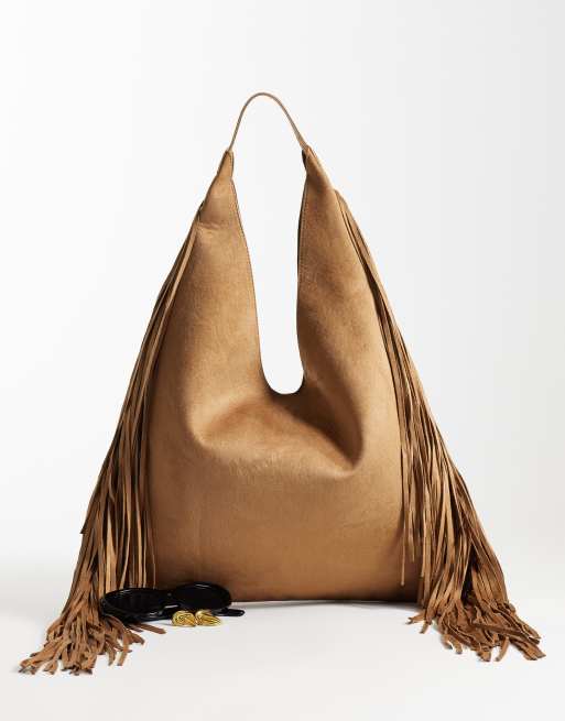 Glamorous faux suede slouchy fringe tote bag in tan, 2 of 4