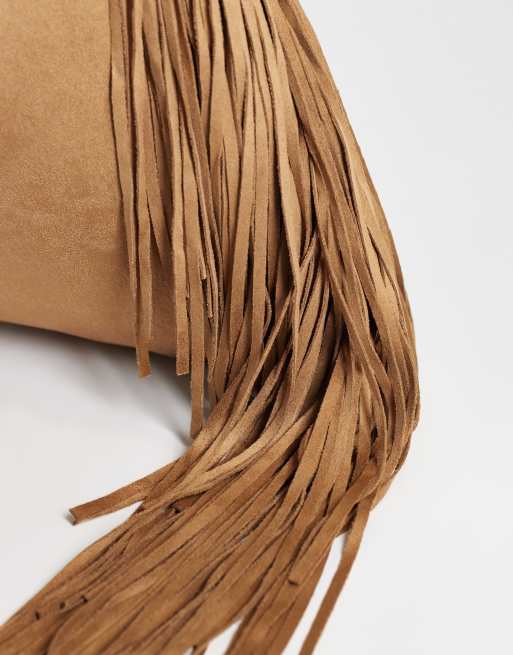 Glamorous faux suede slouchy fringe tote bag in tan, 3 of 4