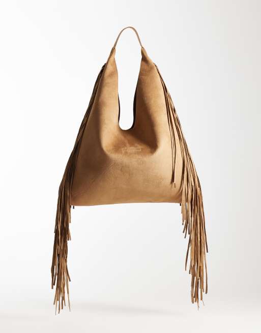 Glamorous faux suede slouchy fringe tote bag in tan, 4 of 4