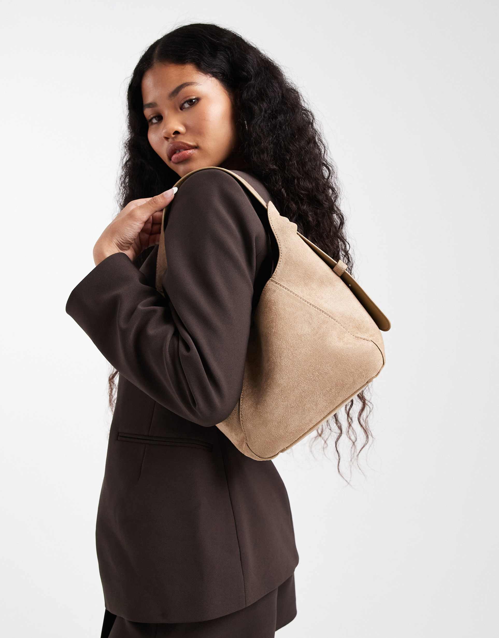 glamorous faux suede small shoulder bag in beige